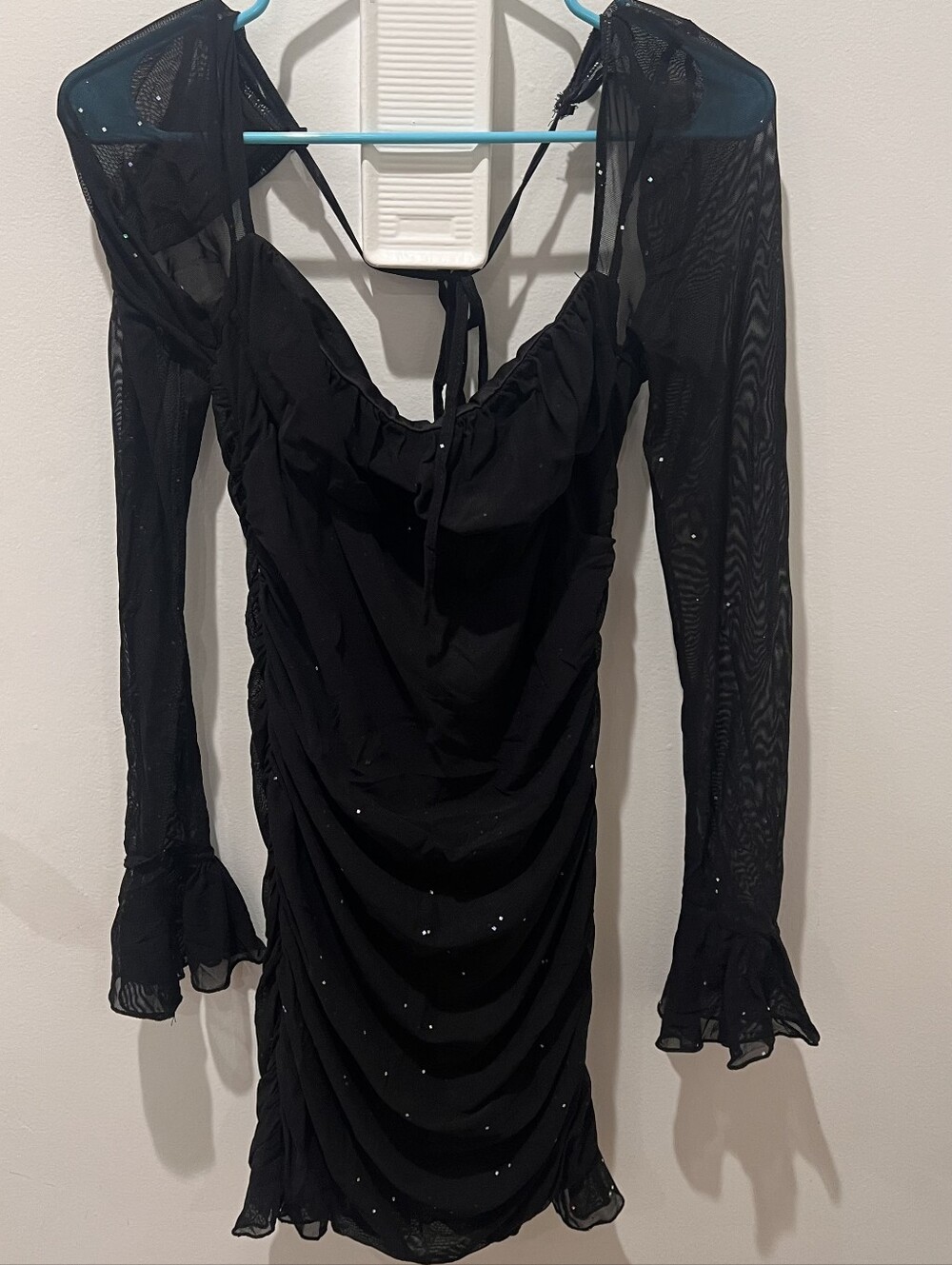 Black Ruched Mesh-Sleeve Women’s Dress